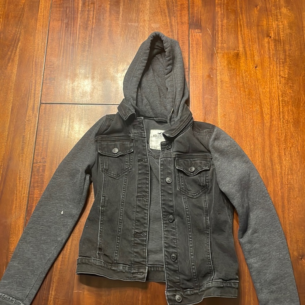 Denim jacket with soft sleeved and hood.